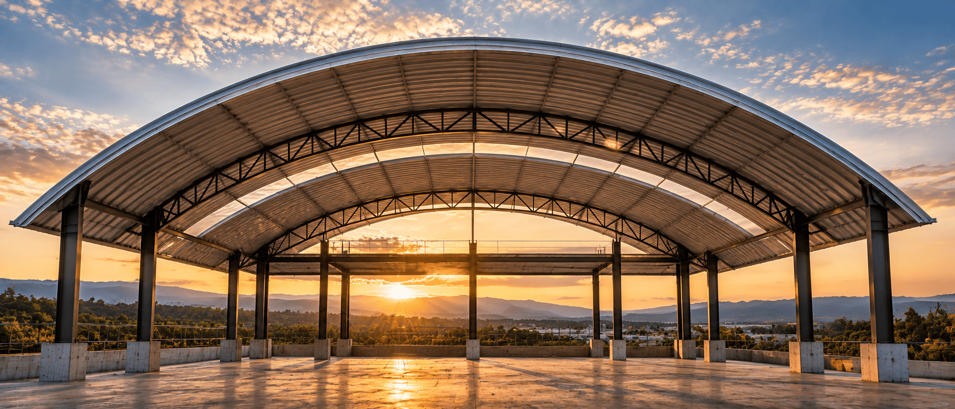 Vista frontal de una estructura con techo curvo